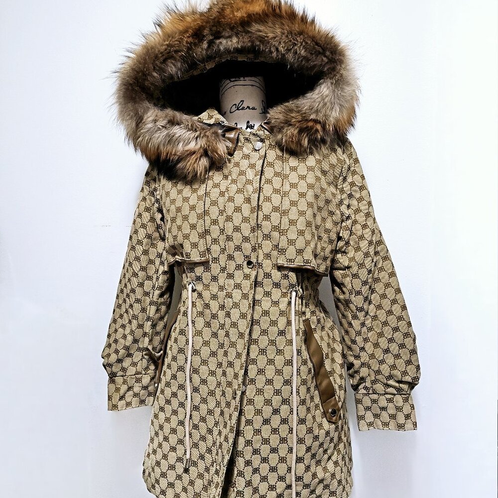 New Real Mink Fur-Lined Parka Coat Jacket Vest Raccoon Brown Tan Printed No Fox